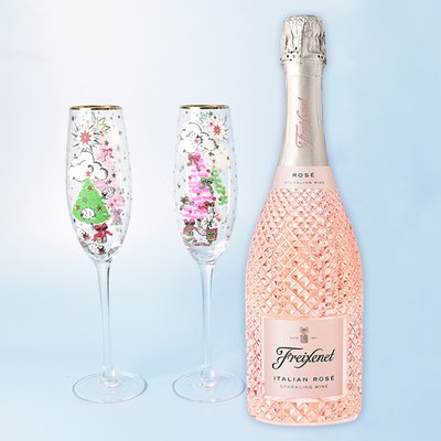 Cath Kidston Pink Christmas Tree Champagne Flutes & Freixenet Rose Prosecco