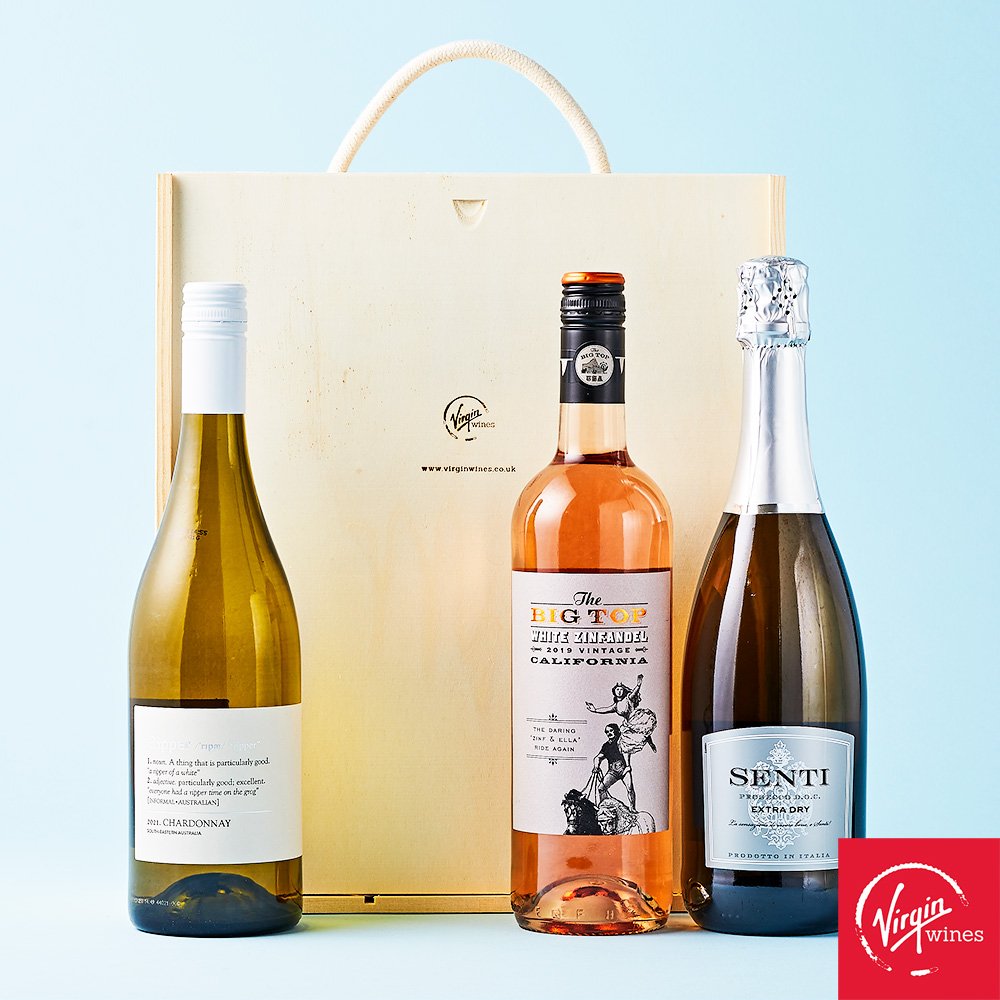 Virgin Wines Prosecco, White, And Rosé Trio In Wooden Gift Box Alcohol