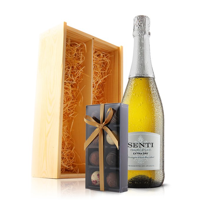 Prosecco and Truffles in Wooden Gift Box