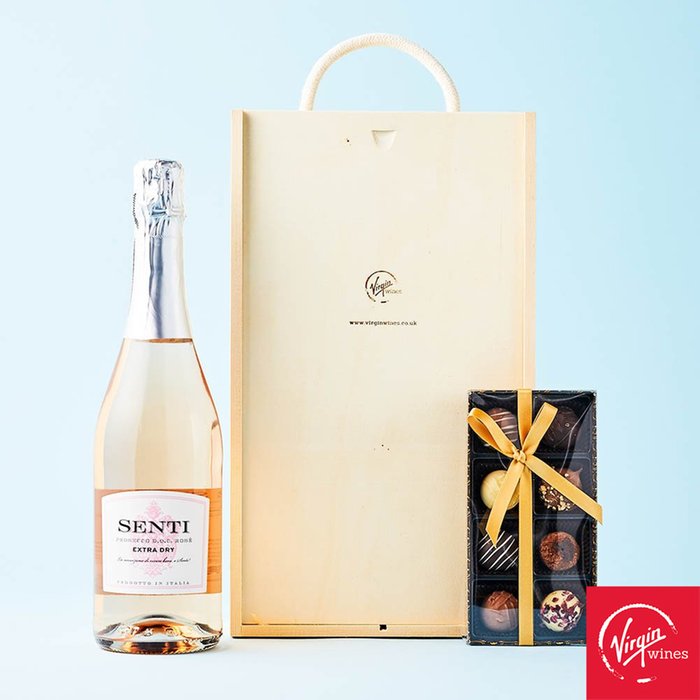 Virgin Wines Rosé Prosecco 75cl and Truffles in Wooden Gift Box 