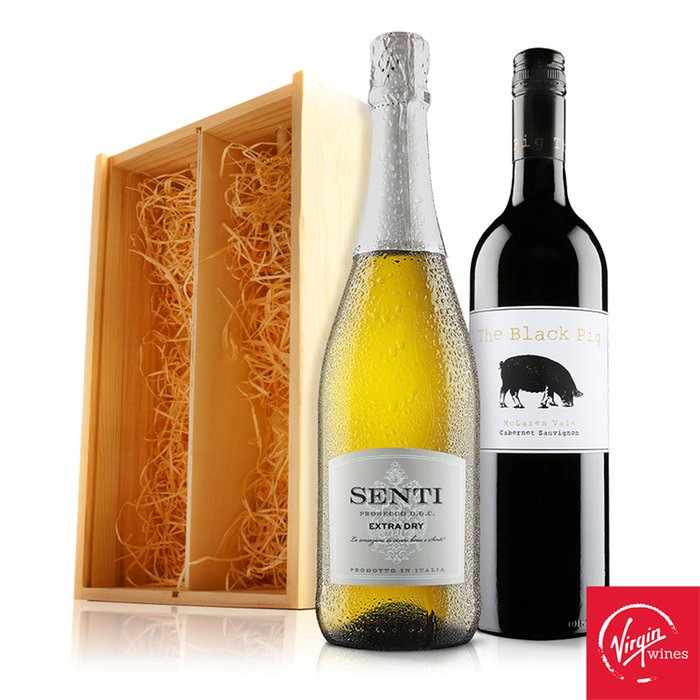Virgin Wines Prosecco & Red Wine Gift in Wooden Gift Box
