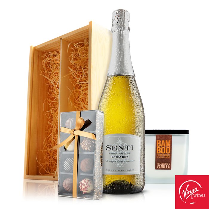 Virgin Wines Prosecco, Chocolates and Candle with Wooden Gift Box