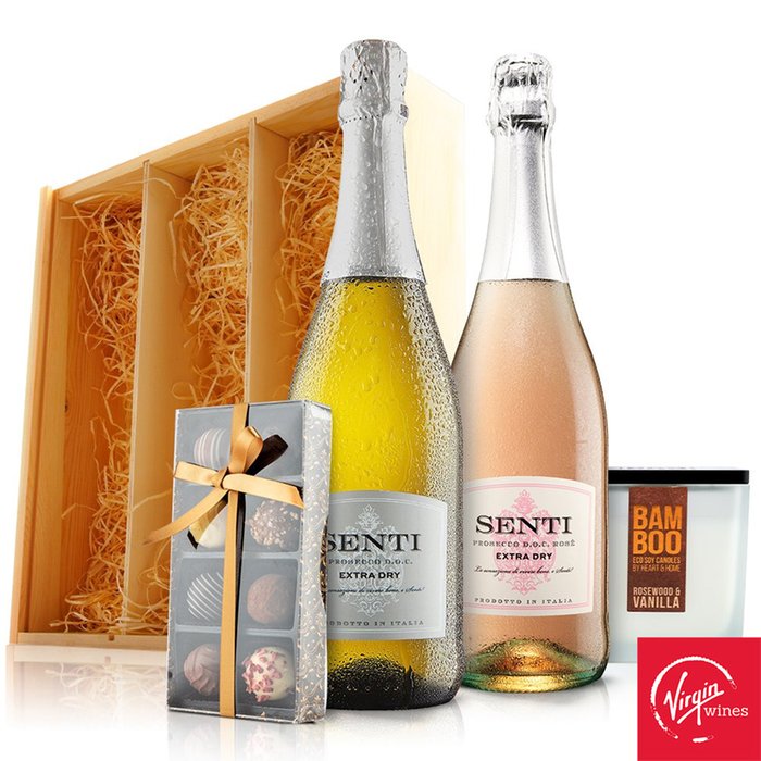 Virgin Wines Prosecco Duo, Chocolates and Candle in Wooden Gift Box