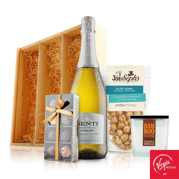 Virgin Wines Movie Night In with Prosecco, Chocolates, Candle and Popcorn in Wooden Gift Box