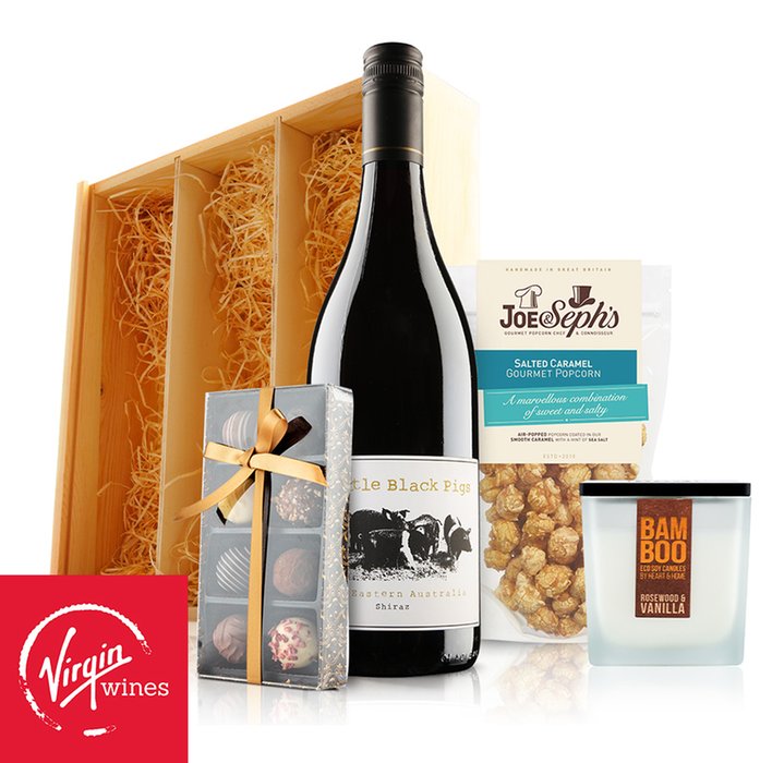 Virgin Wines Movie Night In with Red Wine, Chocolate, Candle and Popcorn in Wooden Gift Box