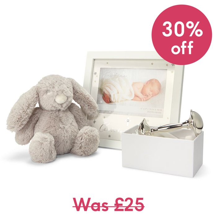 Christening Bundle Silver plated rattle, frame and soft toy