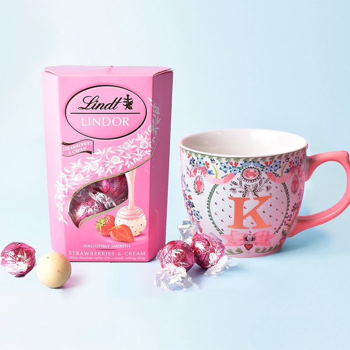 Cath Kidston Letter K Posey Mug & Lindt Strawberries & Cream Truffles (200g)