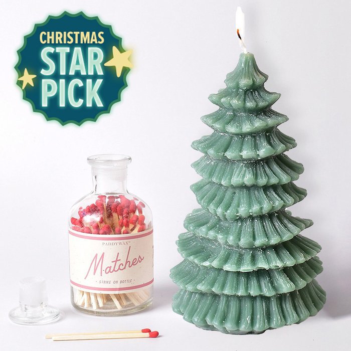 Christmas Tree Candle & Red Matches Strike On Jar Bundle
