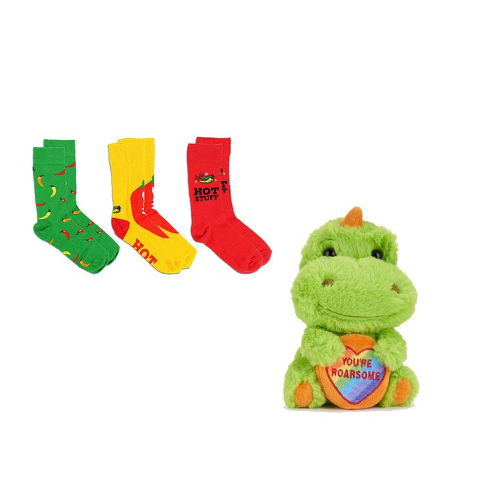 Love Hearts You're Roarsome Soft Toy & Chilli Socks 3-Pack Gift Set