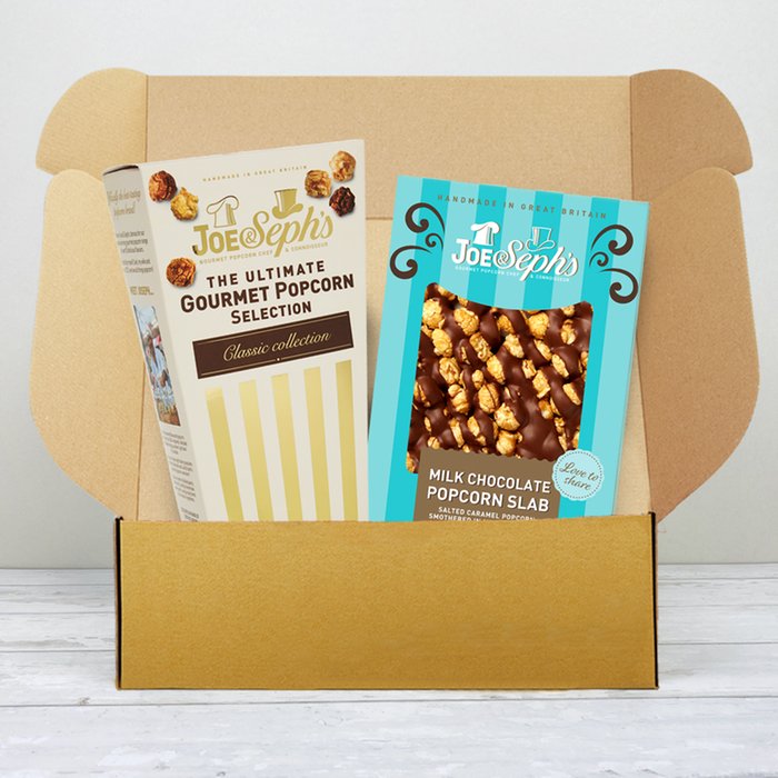 Joe & Seph's Milk Chocolate Popcorn Slab & Gourmet Popcorn Selection Box