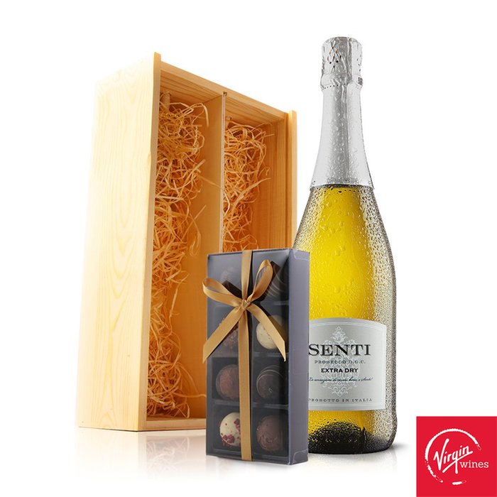 Virgin Wines Prosecco and Truffles in Wooden Gift Box