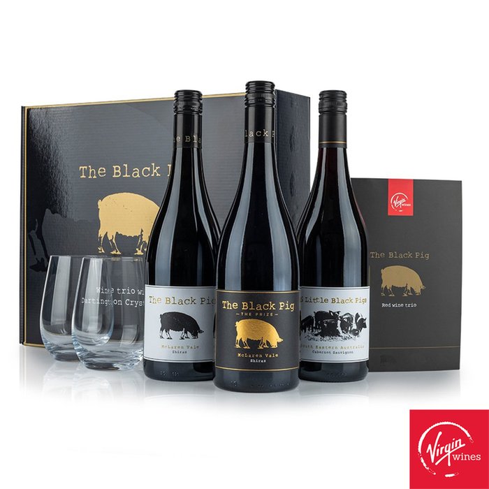 Virgin Wines Black Pig Red Wine Trio and Glasses Gift Box