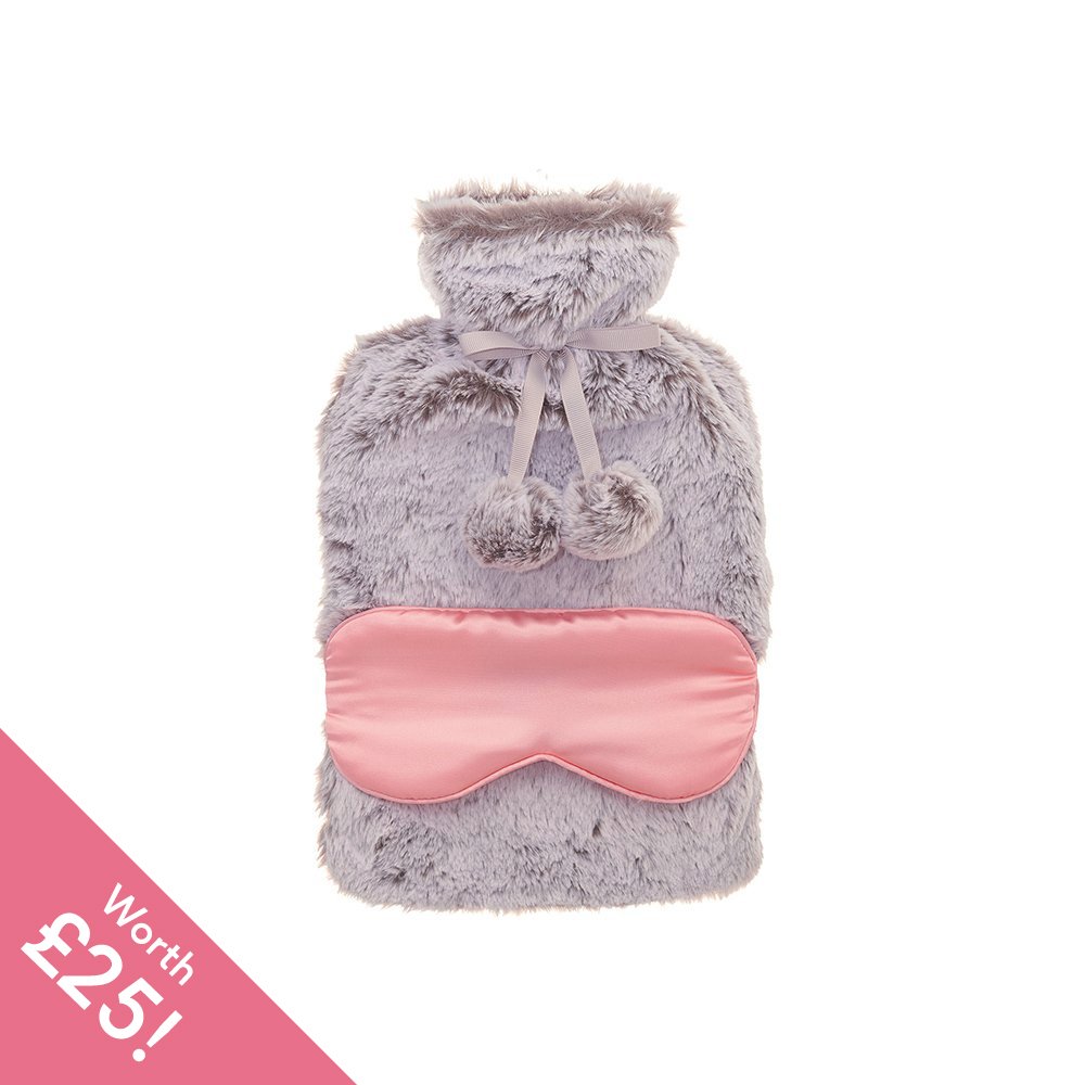 Aroma Home Faux Fur Hot Water Bottle & Satin Eye Mask Set