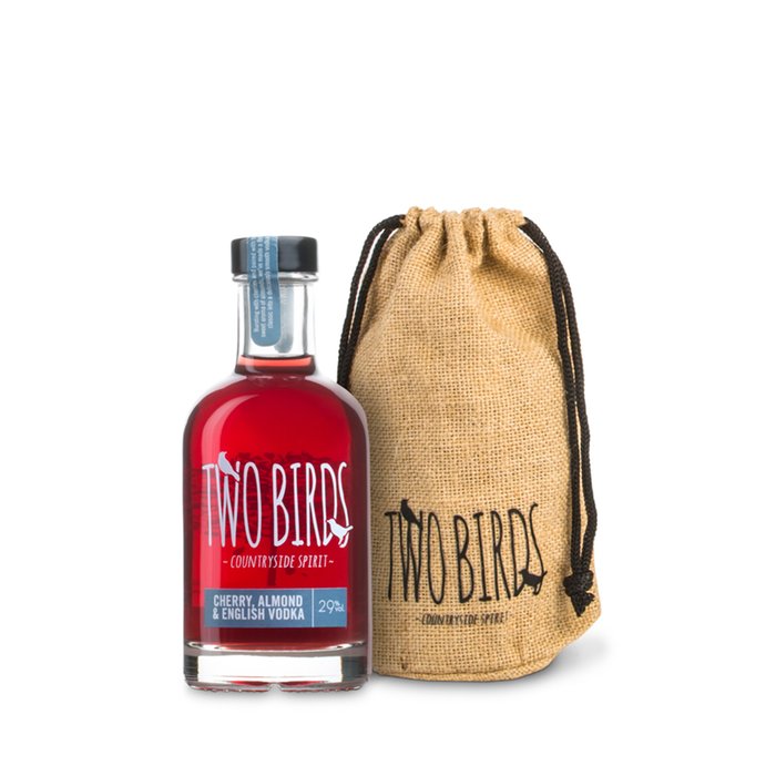 Two Birds Cherry, Almond English Vodka 20cl & Hessian Bag