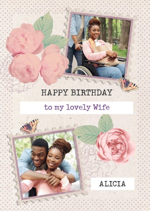 Vintage Roses And Fluttering Butterflies Happy Birthday Wife Card