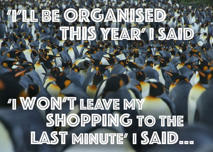 Penguin Crowd Last Minute Shopping Personalised Christmas Card