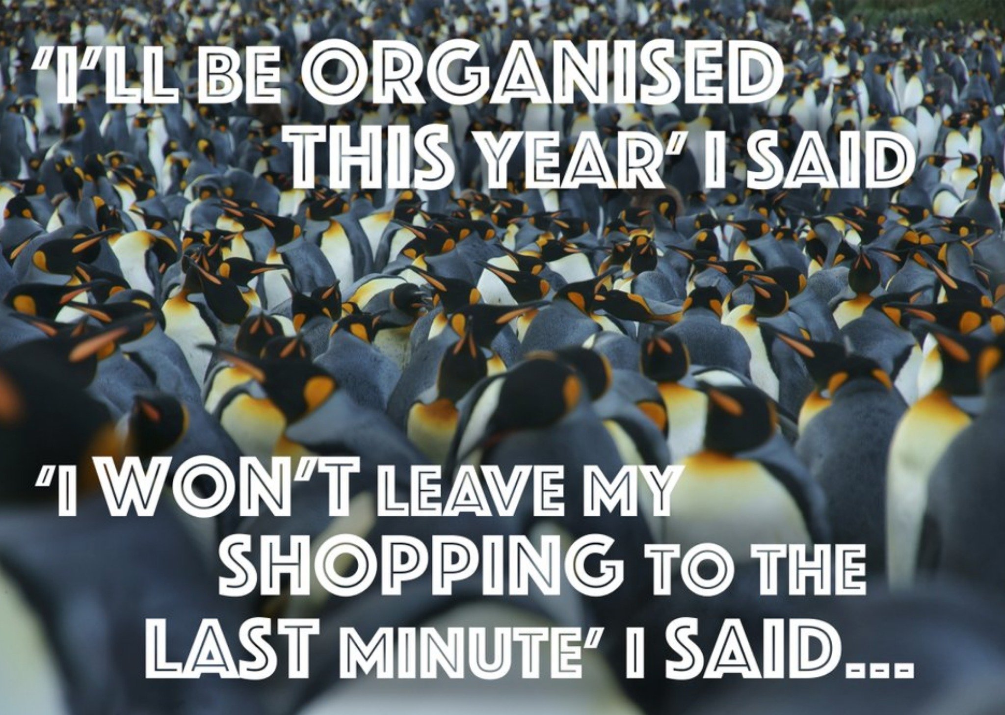 Moonpig Penguin Crowd Last Minute Shopping Personalised Christmas Card, Large