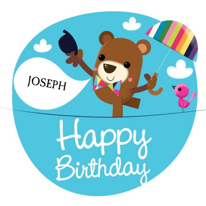 Bear On A Type Rope With Umbrella Personalised Happy Birthday Card