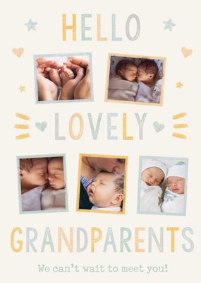 Gender Neutral Hello Lovely Grandparents 5 Colourful Photo Upload Frames New Baby Card