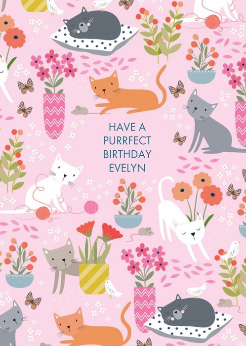 Floral Pink Cats Purrfect Birthday Card