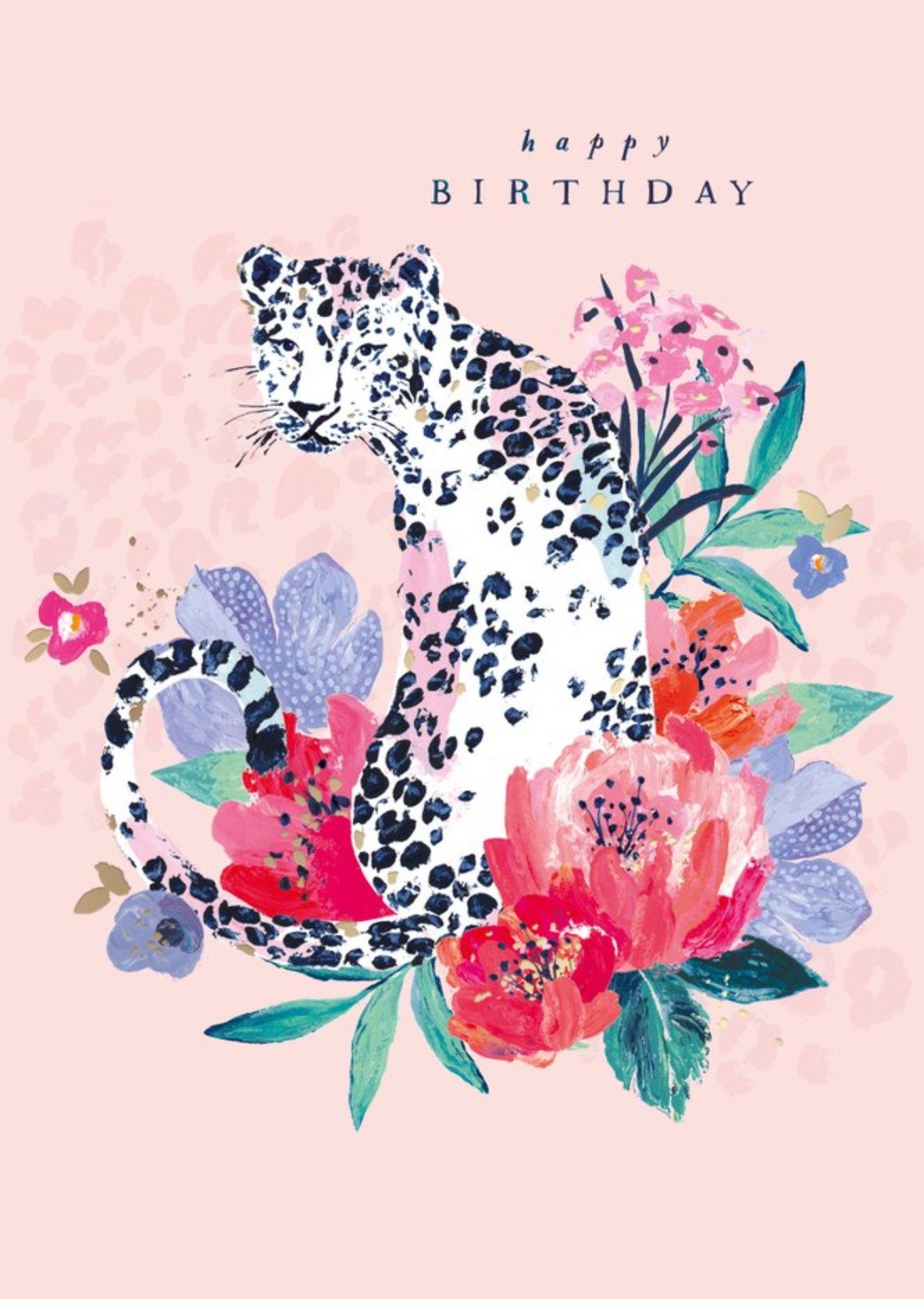 Moonpig Leopard Floral Illustration Happy Birthday Card Ecard