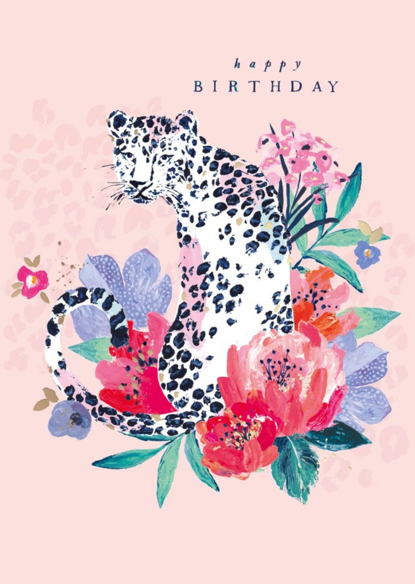 Leopard Floral Illustration Happy Birthday Card Ecard