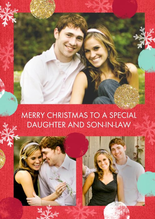Red Spots Snowflake Personalised Photo Upload Merry Christmas Card For Daughter And Son-In-Law