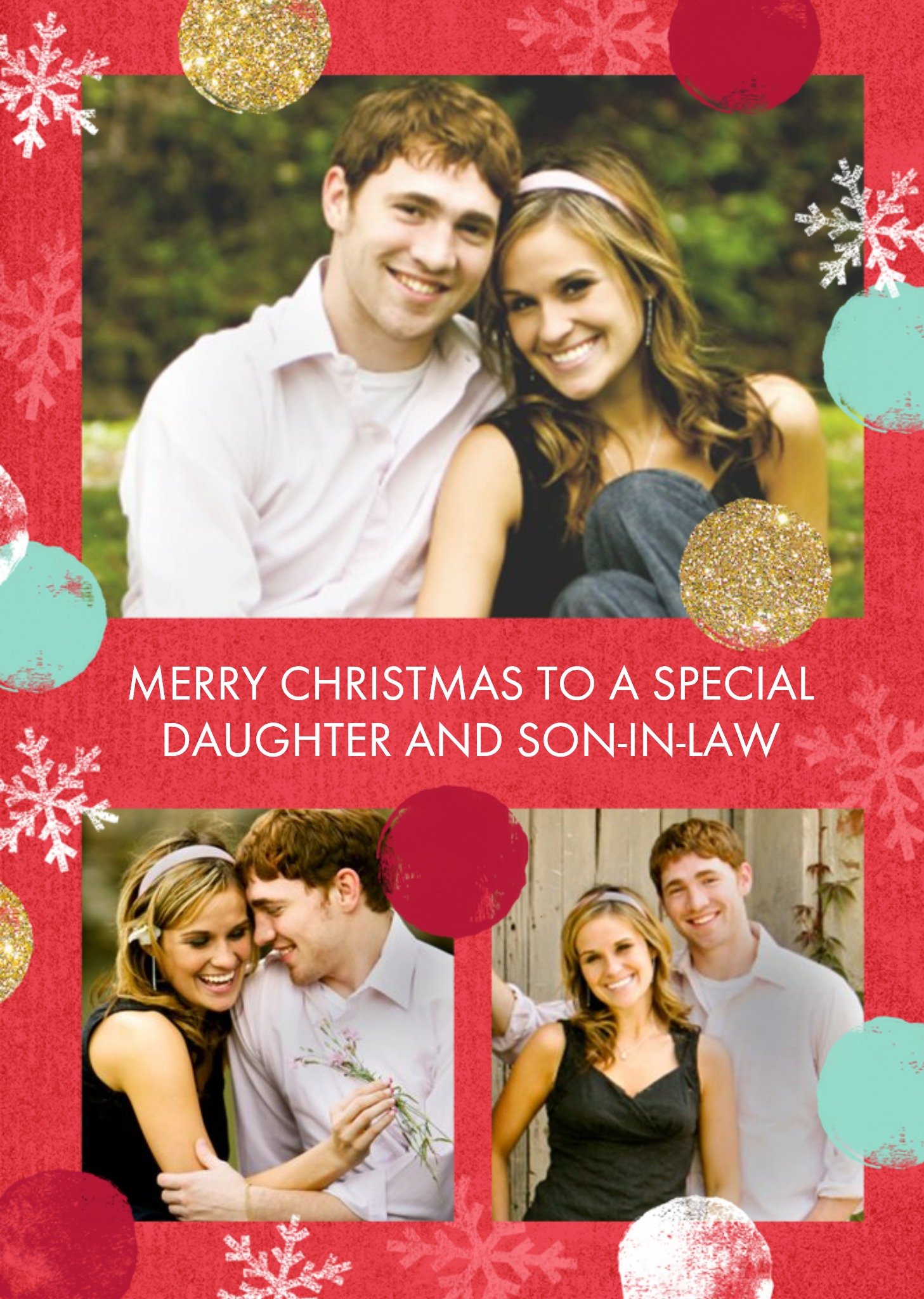 Red Spots Snowflake Personalised Photo Upload Merry Christmas Card For Daughter And Son-In-Law Ecard