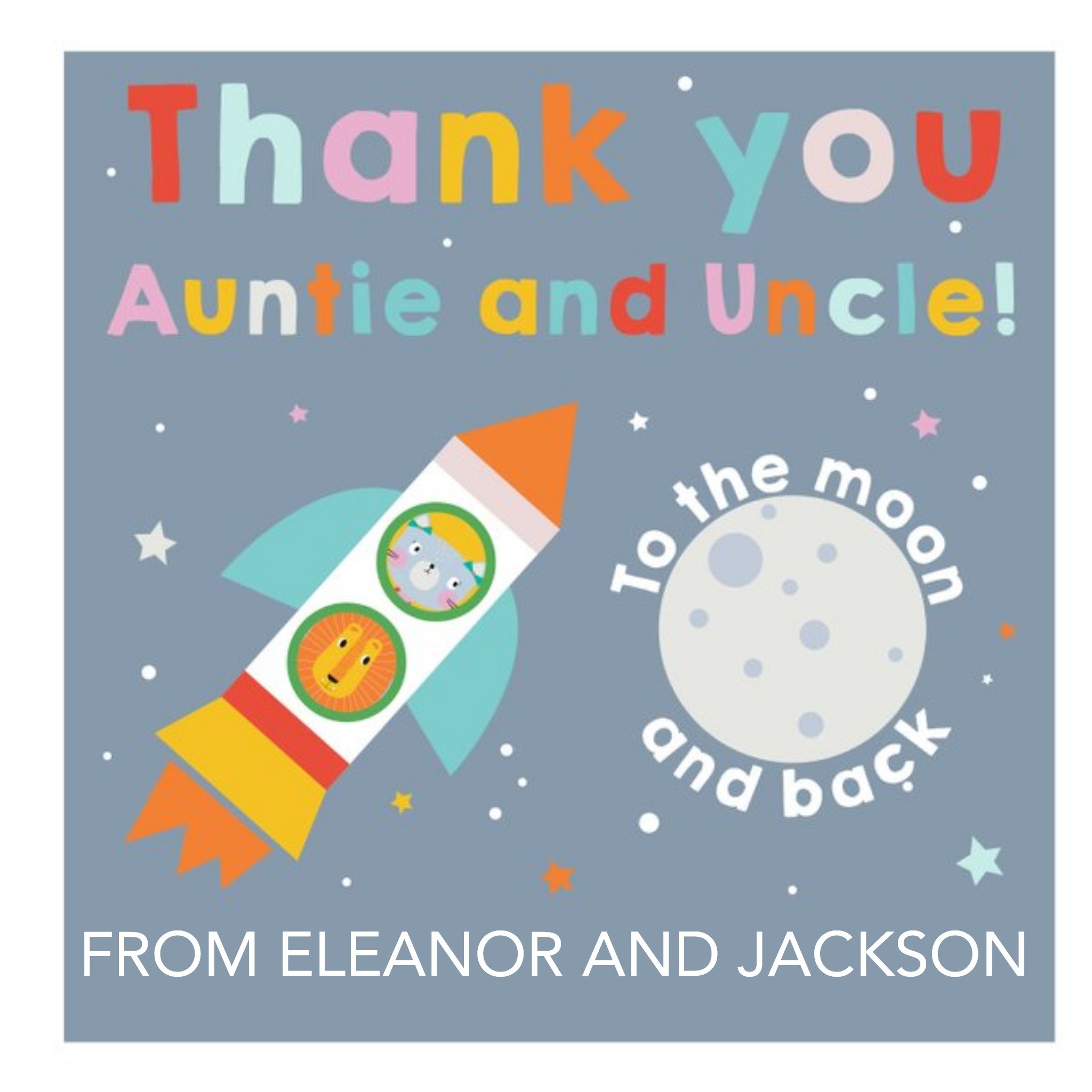 Lemon Ribbon Kids Cat Moon Rocket Illustrated Thank You Card, Square