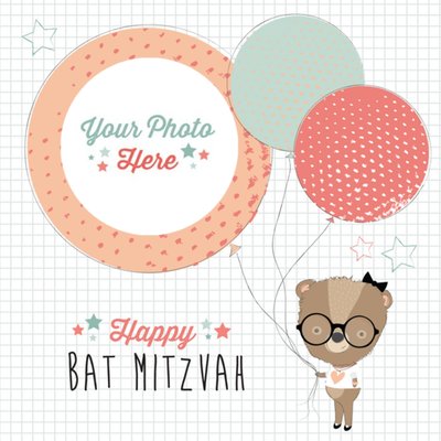 Bat With Balloons Circular Frame Personalised Photo Upload Happy Bar Mitzvah Card