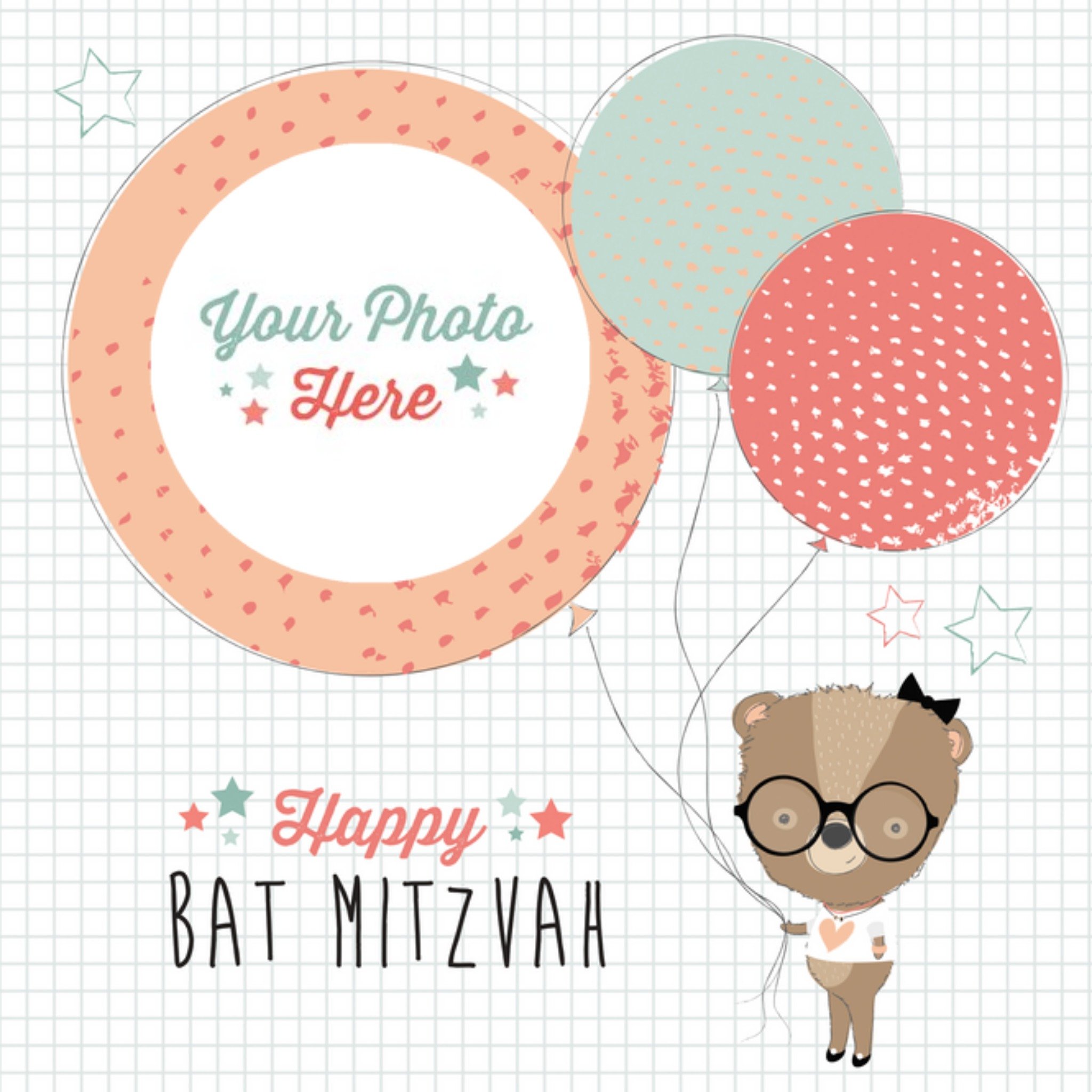 Bat With Balloons Circular Frame Personalised Photo Upload Happy Bar Mitzvah Card, Square