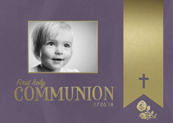 Plum And Metallic Gold Photo Upload And Personalised First Communion Card