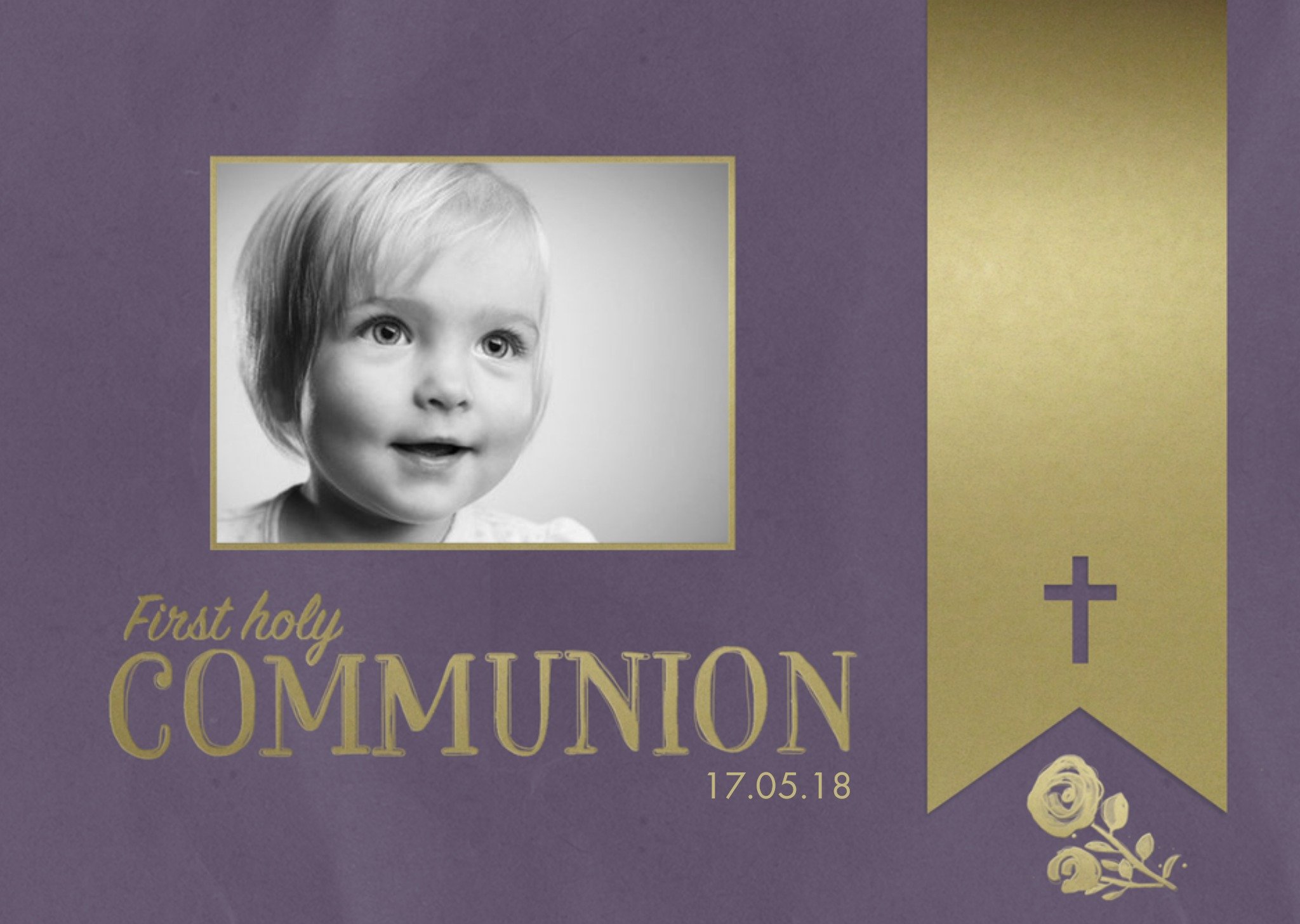 Plum And Metallic Gold Photo Upload And Personalised First Communion Card Ecard