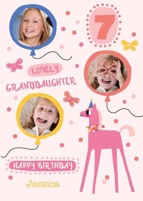 Pink Horse 7th Birthday Granddaughter Photo Upload Card