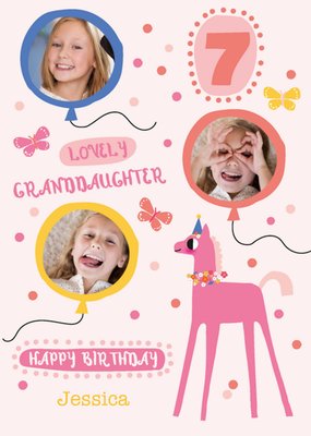 Pink Horse 7th Birthday Granddaughter Photo Upload Card