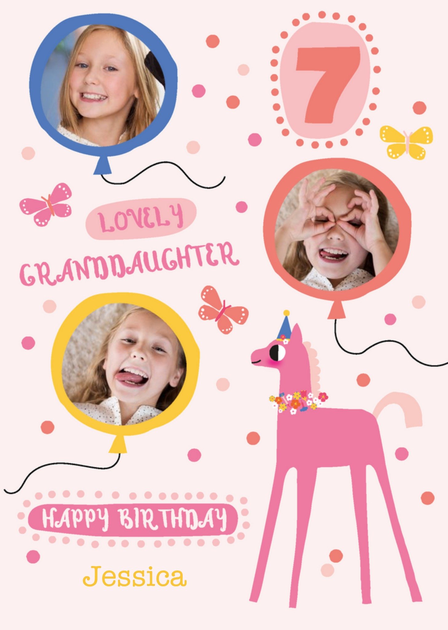 Moonpig Pink Horse 7th Birthday Granddaughter Photo Upload Card, Large