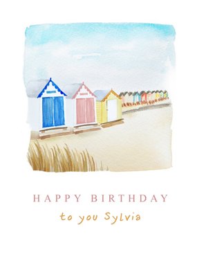 Set The Scene Watercolour Row Of Colourful Beach Huts Birthday Card