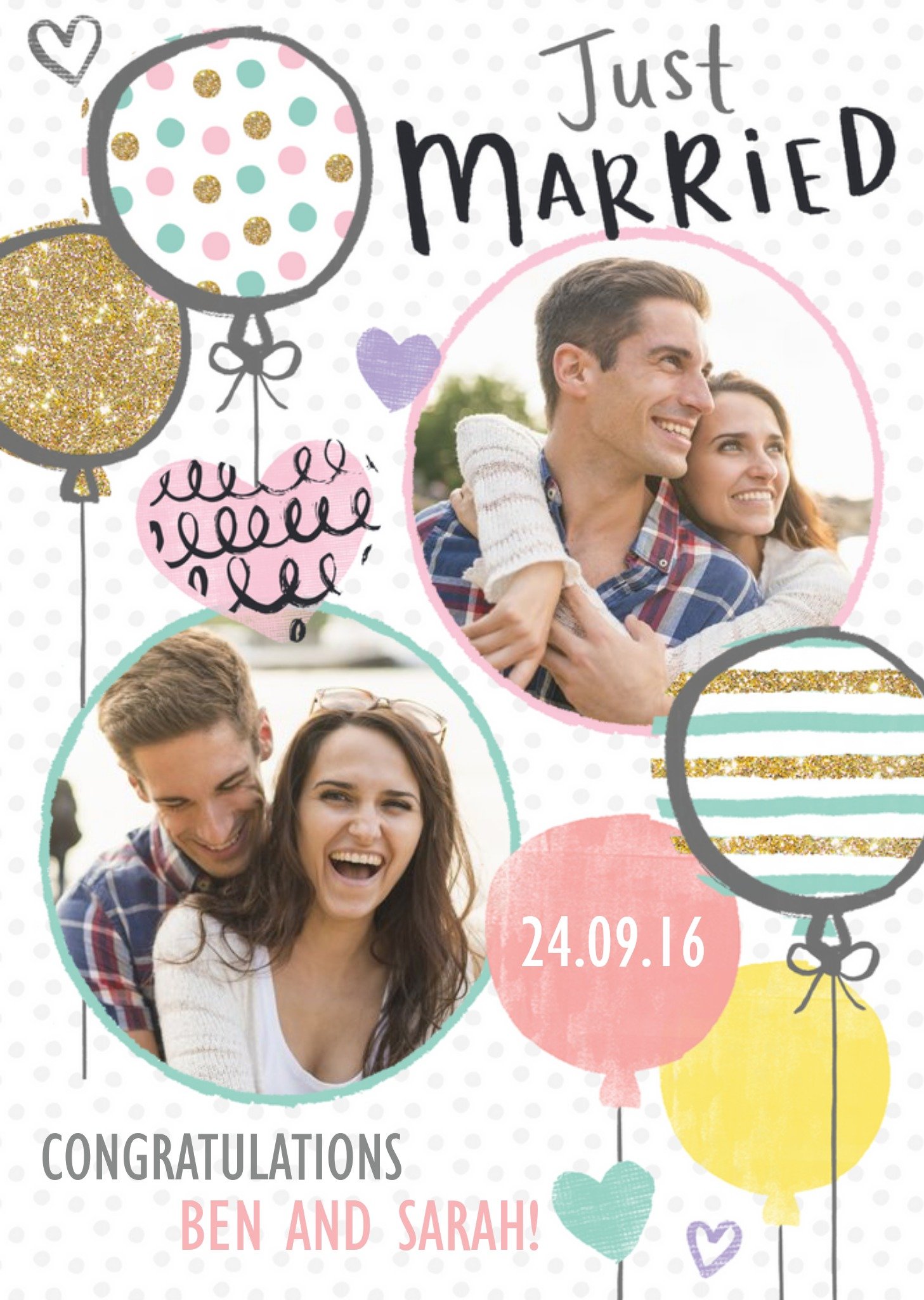 Spots And Stripes Balloons Personalised Double Photo Upload Just Married Card Ecard