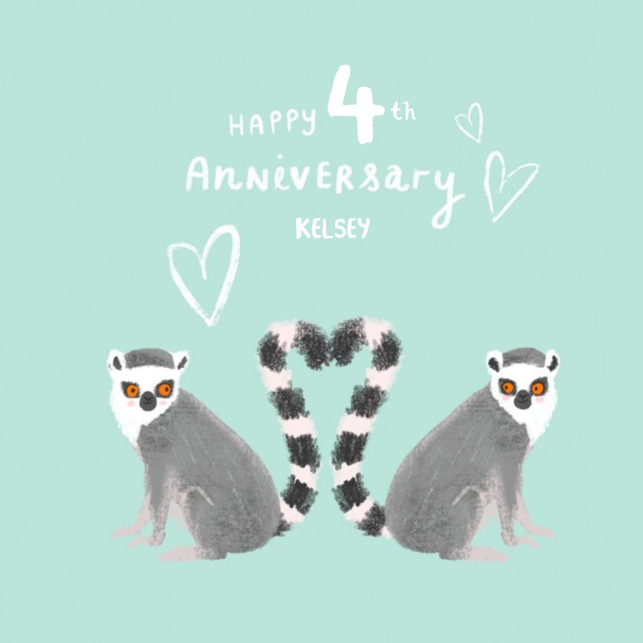 Love Hearts Millicent Venton Illustrated Lemurs 4th Anniversary Card, Square