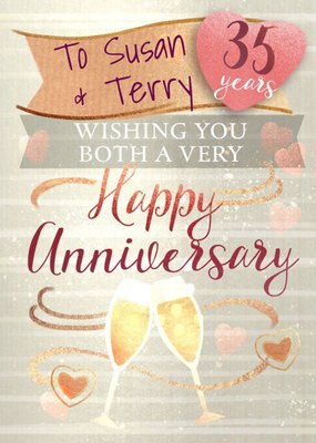 Illustration Of Glasses Of Wine With Banners And Hearts Thirty Fifth Anniversary Card