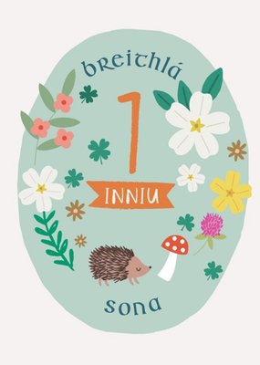 Illustration Of A Hedgehog Surrounded By Flowers With Irish Text Baby's First Birthday Card