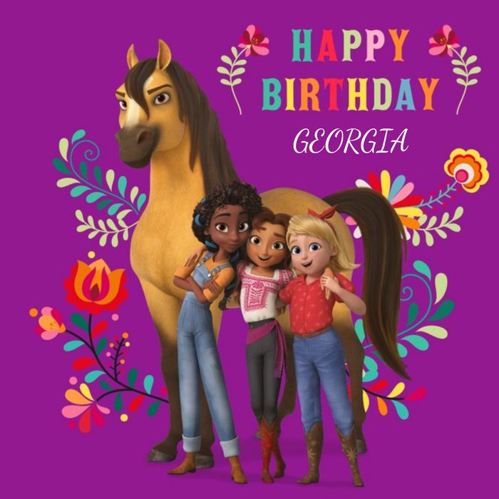 Universal Dreamworks Spirit the horse Purple Floral Birthday Card