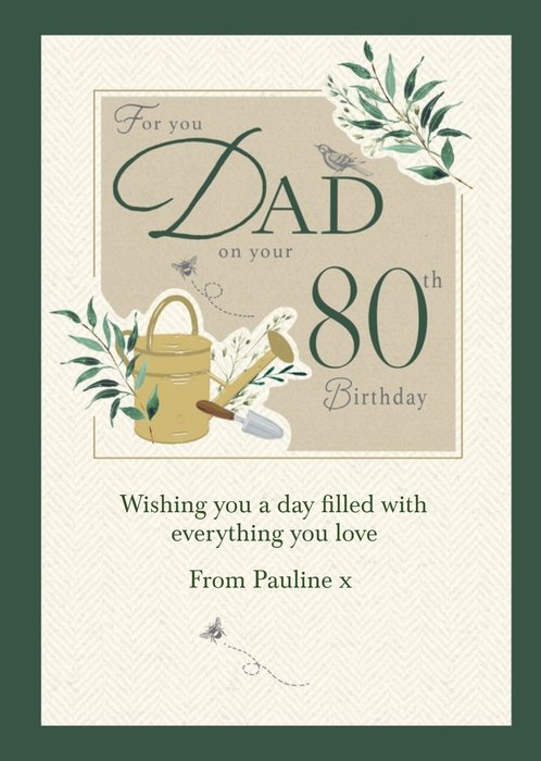 Garden Themed Illustration Of A Watering Can Spade And Plants Dad's Eightieth Birthday Card