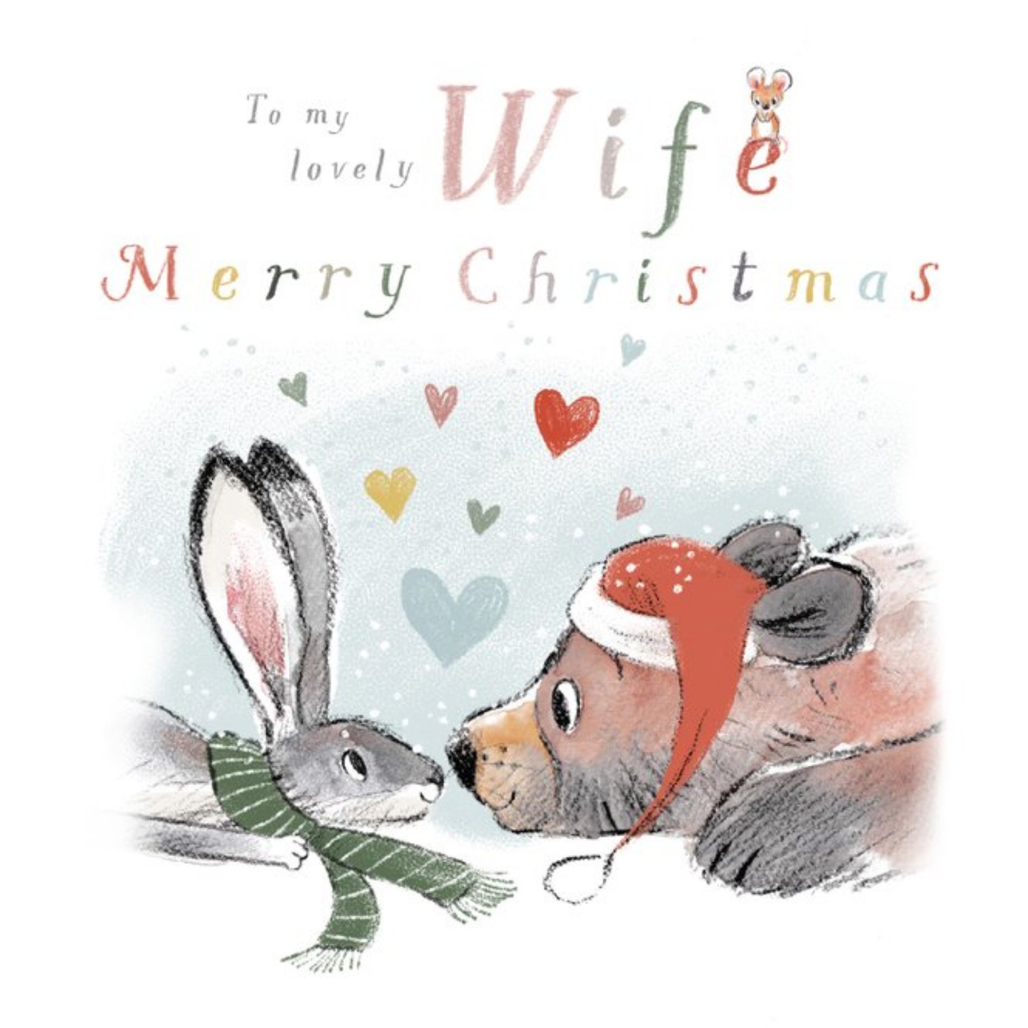 Illustration Of A Cute Bear And A Hare With Colourful Typography To My Lovely Wife Christmas Card, Square