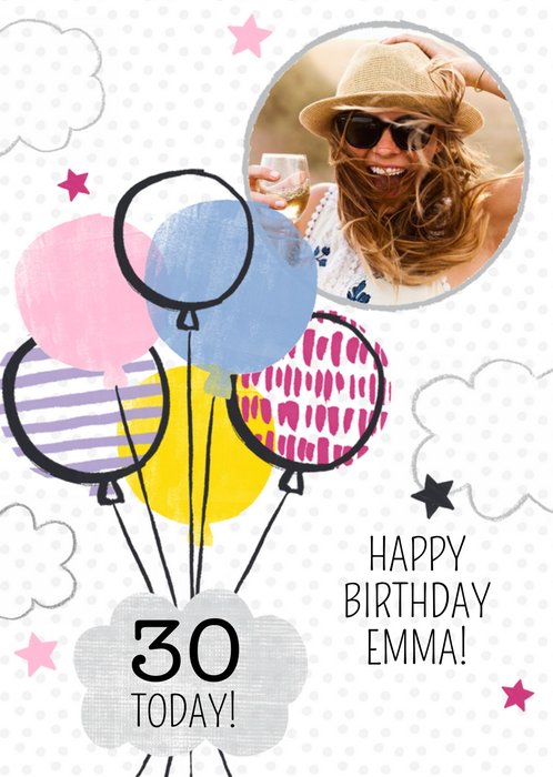 Balloons And Clouds Personalised Photo Upload Happy 30th Birthday Card