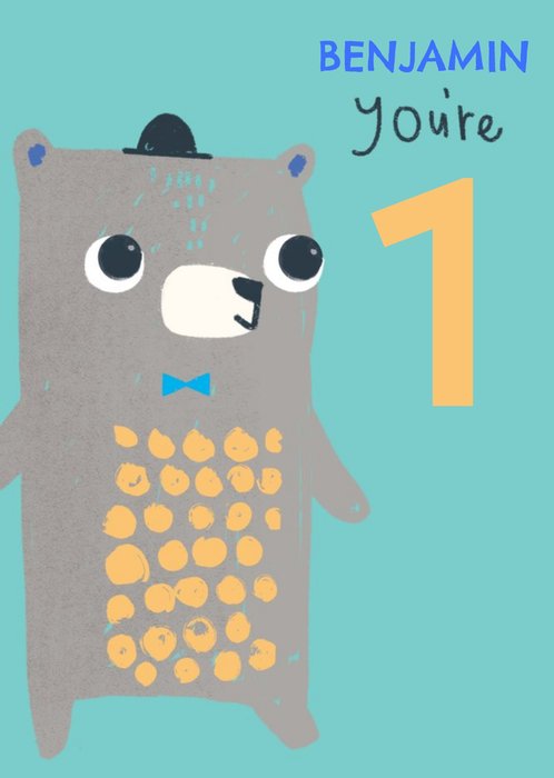 Cute Simple Illustration Of A Bear Wearing A Bowler Hat And Bow Tie 1st Birthday Card