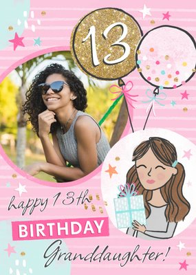 Illustration Of A Girl With A Present Granddaughter's Thirteenth Photo Upload Birthday Card
