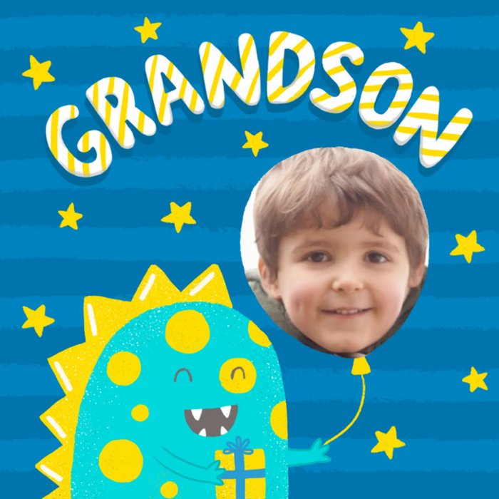Bright Illustrated Dinosaur Holding A Balloon Photo Upload Grandson Birthday Card