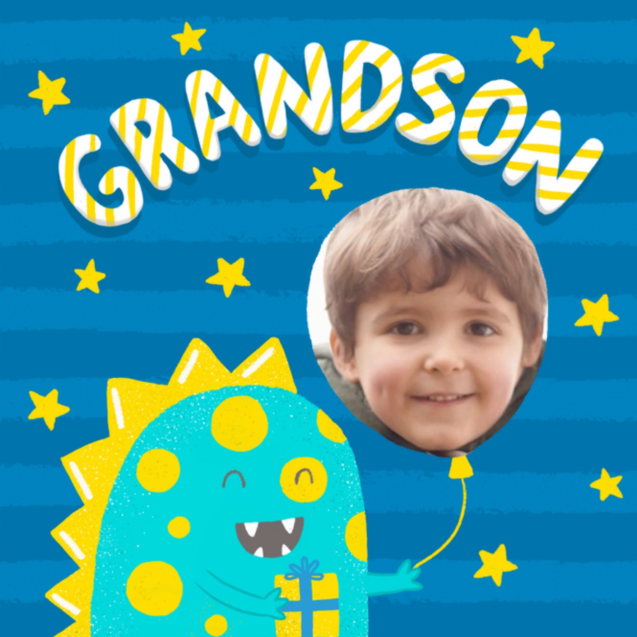 Moonpig Bright Illustrated Dinosaur Holding A Balloon Photo Upload Grandson Birthday Card, Large