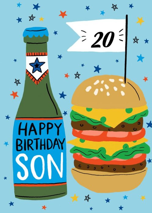 Happy Birthday 20th Son Illustrated Beer Bottle and Burger Birthday Card